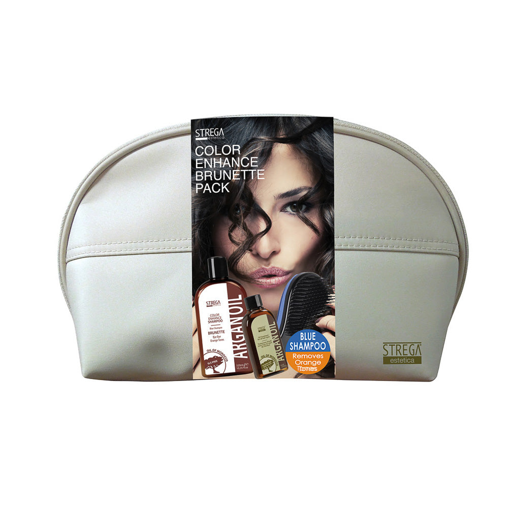 Strega Color Enhance Brumette Shampoo, Argan Oil & Detangler Brush Pack