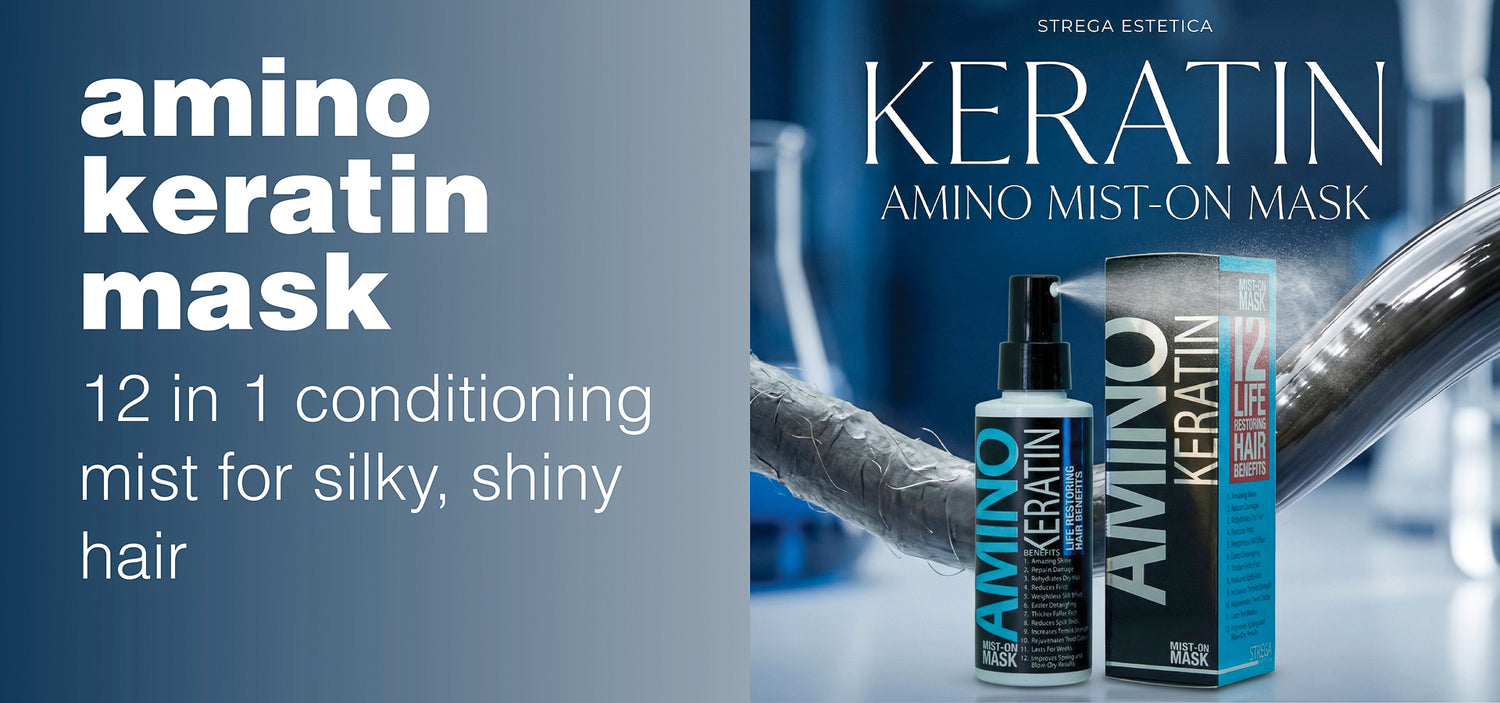 Amino Keratin mask packaging with text on a blue background