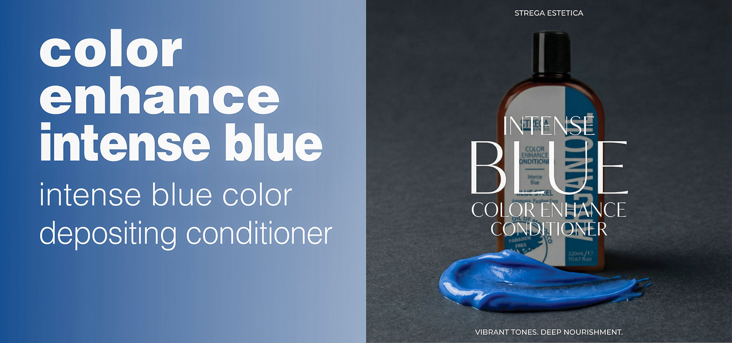 Conditioner bottle with blue color deposit on a dark background, labeled 'Color Enhance Intense Blue'.