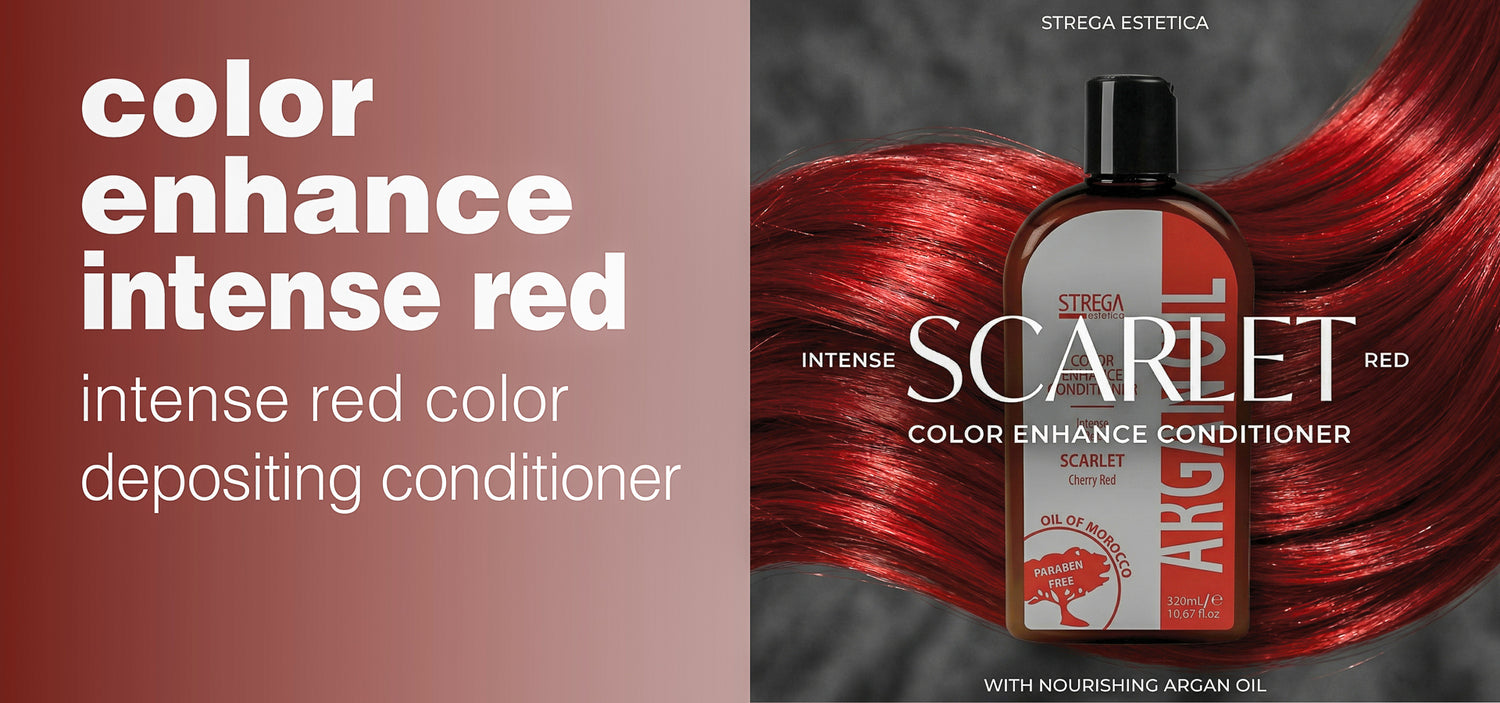 Strega Estetica Intense Scarlet color enhance conditioner bottle with red hair background
