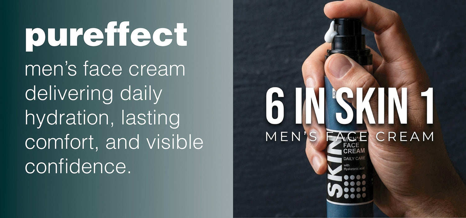 Hand holding a bottle of '6 IN SKIN' men's face cream with promotional text on a dark background.