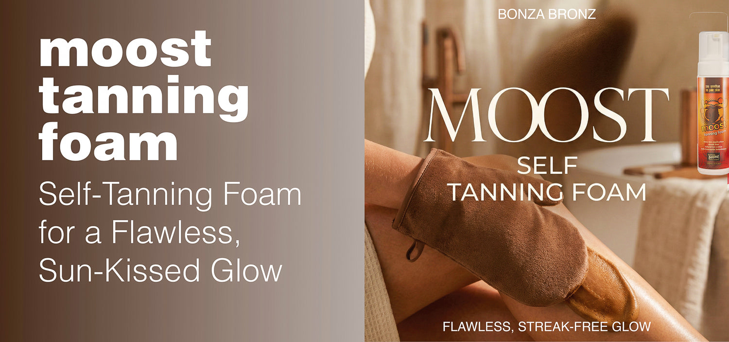 Advertisement for Moost self-tanning foam with a person applying foam to their skin.