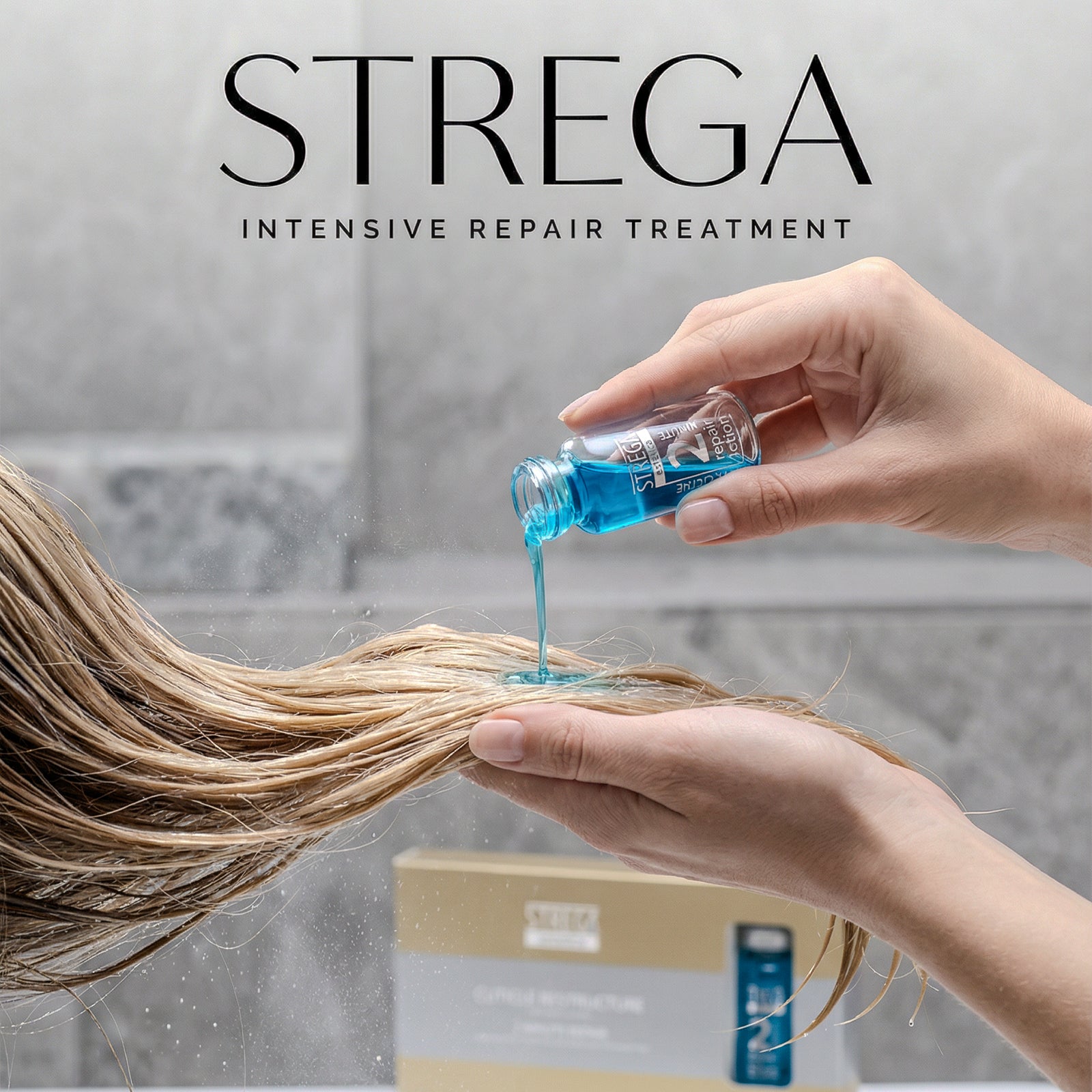 Hand applying blue hair treatment to dry hair with 'Strega' branding.