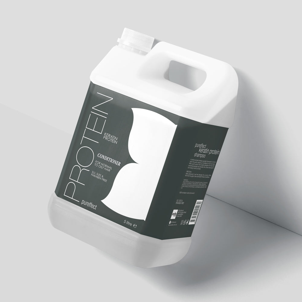 Protein conditioner bottle with label on a gray background