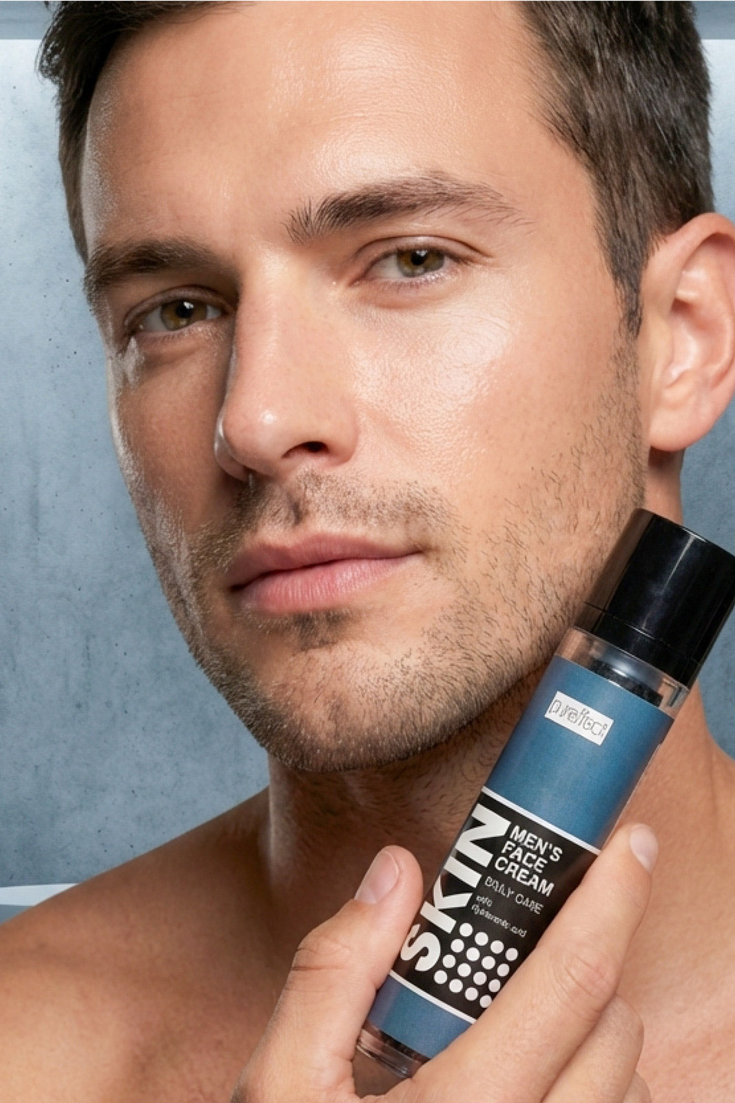 Man holding a bottle of 'SKIN' men's face cream against a neutral background