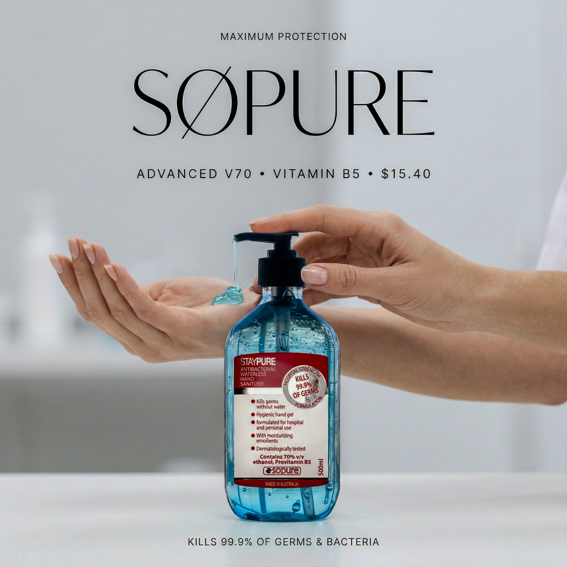 Søpure hand sanitizer bottle being held with a blurred background