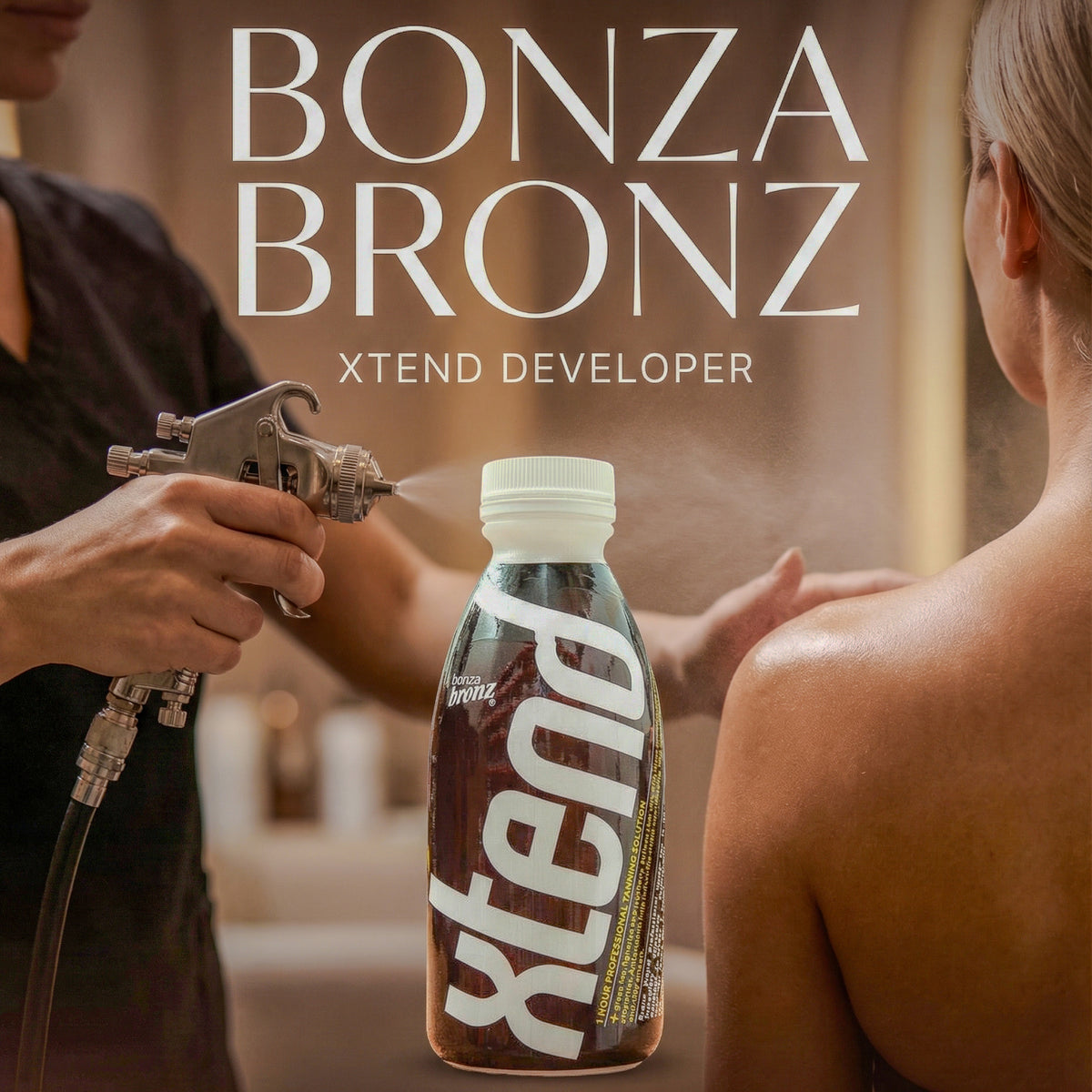 A bottle of Bonza Bronz Xtend Developer hair color is shown in the foreground, with a spray gun spraying liquid onto it. In the background, a person is receiving a hair color application, with the text 'BONZA BRONZ XTEND DEVELOPER' overlaid at the top.