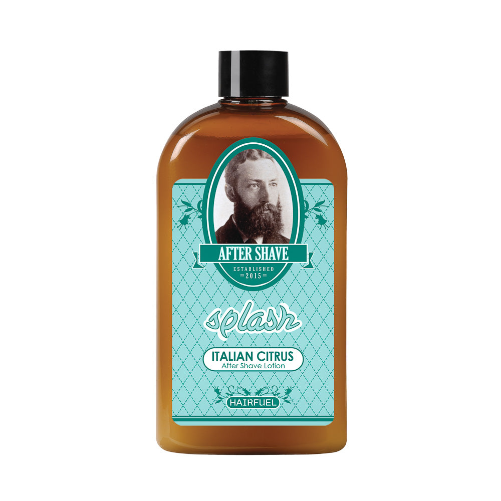 A bottle of Splash After Shave Italian Citrus with a label featuring an illustration of a man's face.