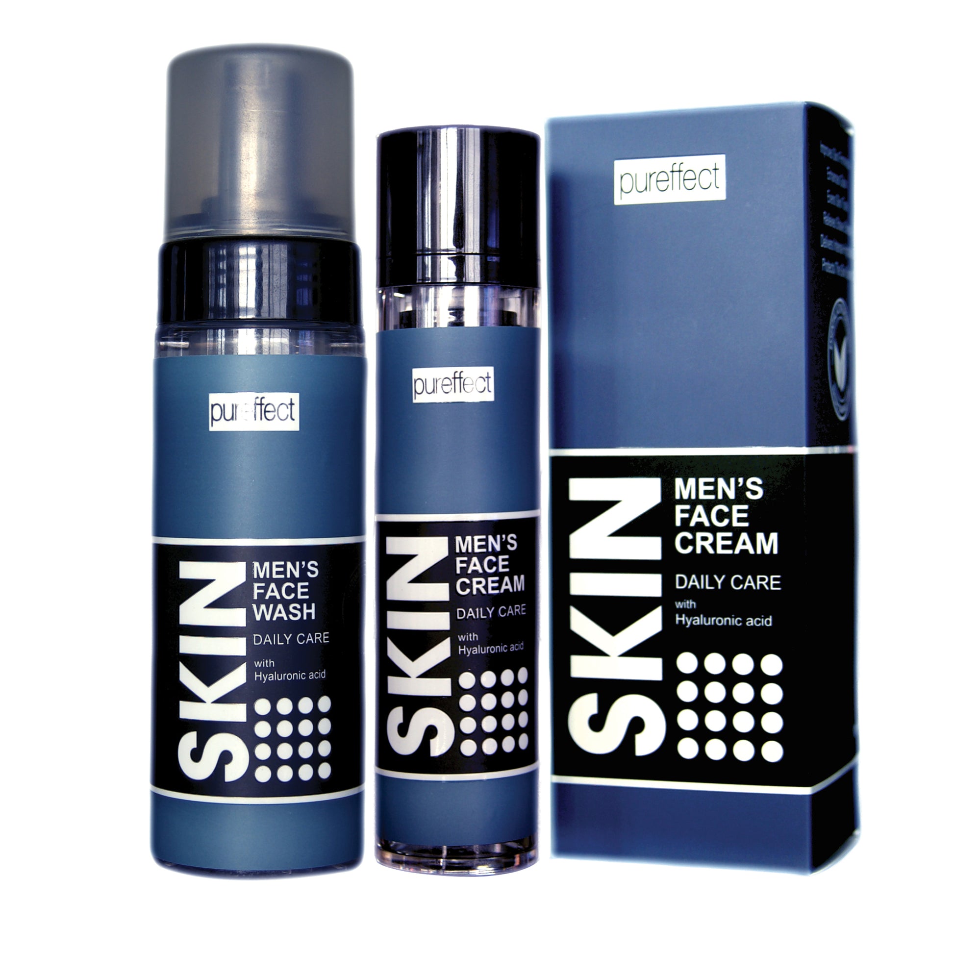 Pureffect Men's Skin Care products including face wash and cream with packaging on a white background