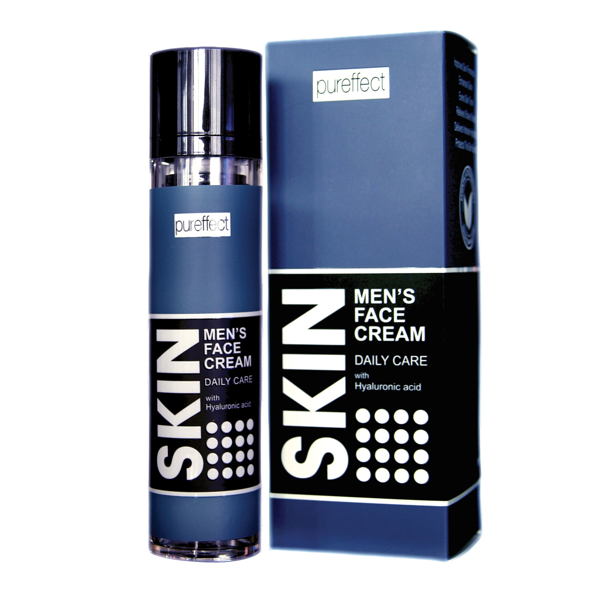 Men's face cream bottle and packaging with 'pureffect' branding on a white background